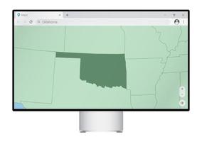 monitor de computadora con mapa de oklahoma en el navegador, busque el país de oklahoma en el programa de mapeo web. vector