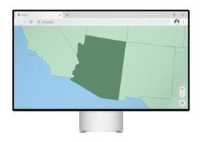 Computer monitor with map of Arizona in browser, search for the country of Arizona on the web mapping program. vector