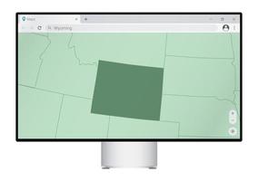 monitor de computadora con mapa de wyoming en el navegador, busque el país de wyoming en el programa de mapas web. vector