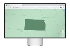 Computer monitor with map of Kansas in browser, search for the country of Kansas on the web mapping program. vector