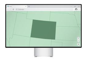 Computer monitor with map of Colorado in browser, search for the country of Colorado on the web mapping program. vector