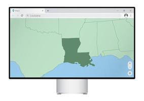 Computer monitor with map of Louisiana in browser, search for the country of Louisiana on the web mapping program. vector