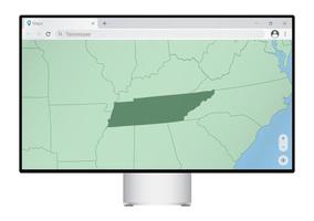 Computer monitor with map of Tennessee in browser, search for the country of Tennessee on the web mapping program. vector