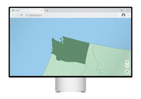 Computer monitor with map of Washington in browser, search for the country of Washington on the web mapping program. vector