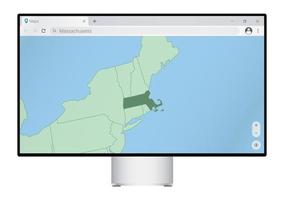 Computer monitor with map of Massachusetts in browser, search for the country of Massachusetts on the web mapping program. vector