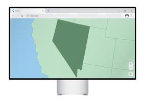 Computer monitor with map of Nevada in browser, search for the country of Nevada on the web mapping program. vector