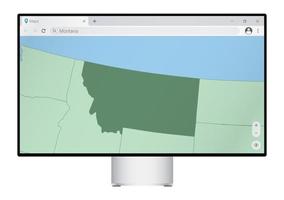 Computer monitor with map of Montana in browser, search for the country of Montana on the web mapping program. vector