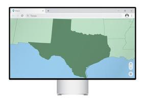 Computer monitor with map of Texas in browser, search for the country of Texas on the web mapping program. vector