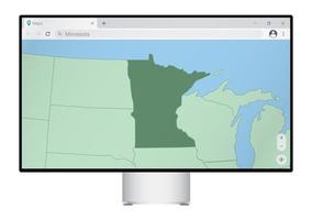 Computer monitor with map of Minnesota in browser, search for the country of Minnesota on the web mapping program. vector