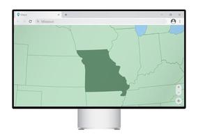 Computer monitor with map of Missouri in browser, search for the country of Missouri on the web mapping program. vector