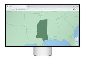 Computer monitor with map of Mississippi in browser, search for the country of Mississippi on the web mapping program. vector