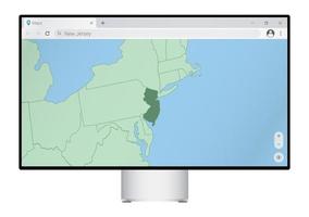 Computer monitor with map of New Jersey in browser, search for the country of New Jersey on the web mapping program. vector