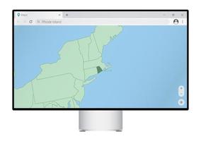 Computer monitor with map of Rhode Island in browser, search for the country of Rhode Island on the web mapping program. vector