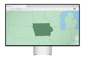 Computer monitor with map of Iowa in browser, search for the country of Iowa on the web mapping program. vector