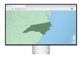 Computer monitor with map of North Carolina in browser, search for the country of North Carolina on the web mapping program. vector