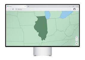 Computer monitor with map of Illinois in browser, search for the country of Illinois on the web mapping program. vector