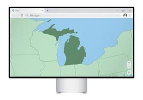 Computer monitor with map of Michigan in browser, search for the country of Michigan on the web mapping program. vector