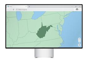 Computer monitor with map of West Virginia in browser, search for the country of West Virginia on the web mapping program. vector