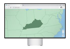 monitor de computadora con mapa de kentucky en el navegador, busque el país de kentucky en el programa de mapeo web. vector