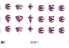 Collection of the Ohio flag in different shapes and with three different effects. vector