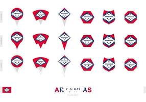 Collection of the Arkansas flag in different shapes and with three different effects. vector