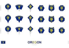 Collection of the Oregon flag in different shapes and with three different effects. vector