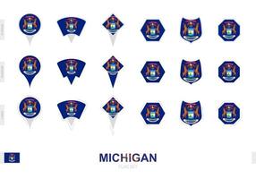 Collection of the Michigan flag in different shapes and with three different effects. vector