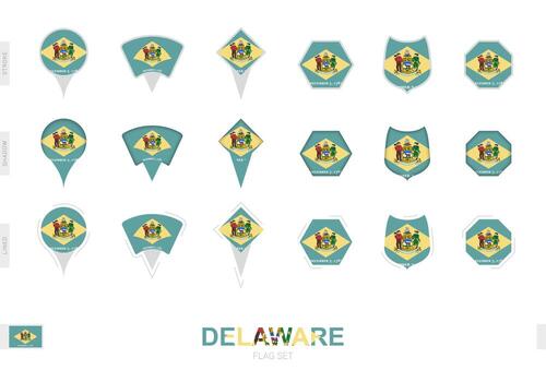 Collection of the Delaware flag in different shapes and with three different effects. vector