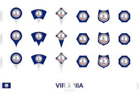 Collection of the Virginia flag in different shapes and with three different effects. vector