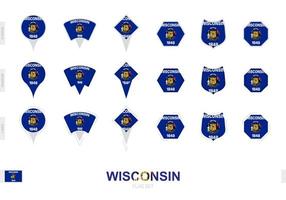 Collection of the Wisconsin flag in different shapes and with three different effects. vector