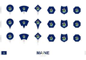 Collection of the Maine flag in different shapes and with three different effects. vector