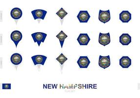 Collection of the New Hampshire flag in different shapes and with three different effects. vector