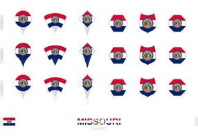 Collection of the Missouri flag in different shapes and with three different effects. vector