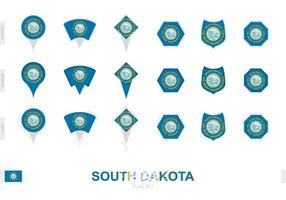 Collection of the South Dakota flag in different shapes and with three different effects. vector