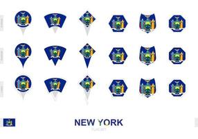 Collection of the New York flag in different shapes and with three different effects. vector