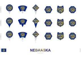 Collection of the Nebraska flag in different shapes and with three different effects. vector