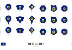 Collection of the Vermont flag in different shapes and with three different effects. vector