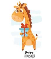 postal genial con linda jirafa con regalo e inscripción felices fiestas. ilustración vectorial plantilla para el diseño de sus tarjetas navideñas, impresión, decoración y colección infantil. vector