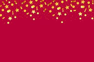 Confetti firecracker carnival and paper. Circle star ribbon of gold colors. Vector illustration on a red horizontal background. Cartoon style.