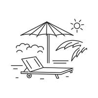 Chaise lounge with an umbrella on the beach against the backdrop of the sea. Rest and vacation. Linear icon on a white background. vector