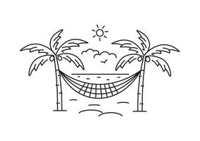Hammock with palm trees on the beach against the backdrop of the sea. Rest and vacation. Linear icon on a white background. vector