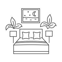 cama en un hotel. lugar acogedor para dormir para dos en el complejo. habitación para los amantes. icono lineal sobre un fondo blanco. vector