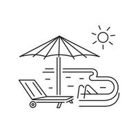 Sun lounger with umbrella by the pool. Summer vacation at the hotel by the pool. Linear icon on a white background. vector