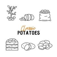 Set of icons with potatoes. Potato bush, box, sack and chopped potatoes. Vector linear illustration