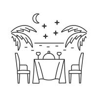 Evening romantic dinner for two against the backdrop of the ocean and palm trees. Rest and vacation. Linear icon on a white background. vector