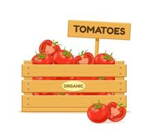 Wooden box with tomatoes and a sign. Vegetable box icon. Vector illustration isolated on white background.