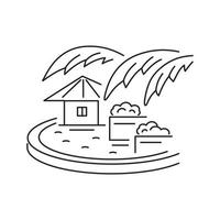 Swimming pool with a house and palm leaves. Asian style. Rest and vacation. Linear icon on a white background. vector