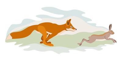 Fox running after hare. Vector isolated illustration.