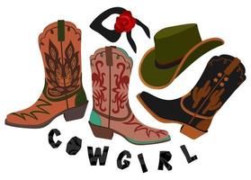 Retro cowgirl. Vector set of cowboy boots, hat and bandana. Accessories in western style.