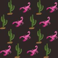 Vector seamless pattern with cactuses and scorpions on dark background.